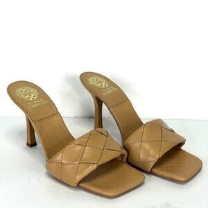 Vince Camuto Brelanie Heels Womens 9.5 Nude Leather Woven Strap Slip On Mules